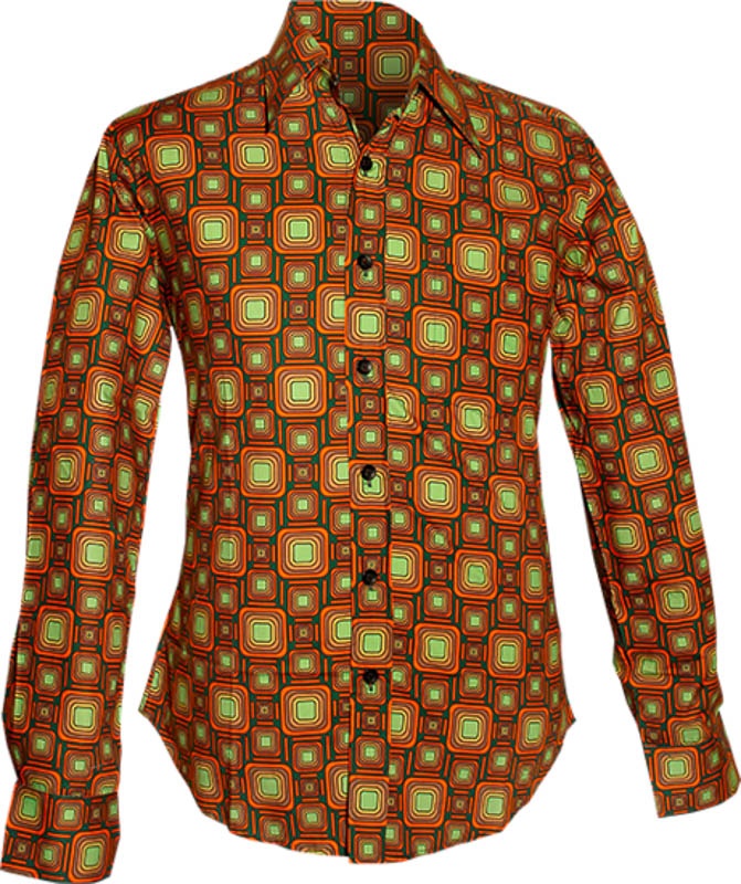 Chenaski | Overhemd 70's, Tube met oranje, bruin, groene vierkantjes