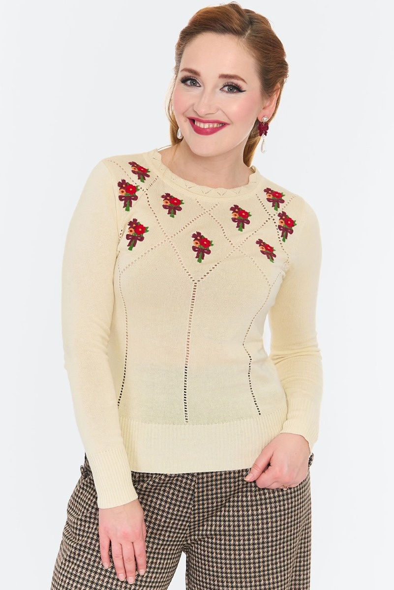 Voodoo Vixen | Creme jaren '40 Jumper van ajour-breisel met boeketjes borduursels Voodoo Vixen | Creme jaren '40 Jumper van ajour-breisel met boeketjes borduursels