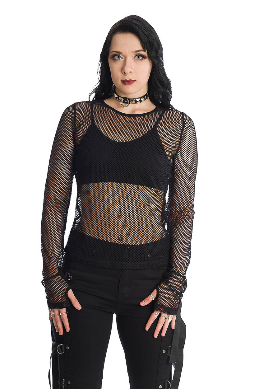 Banned | Mesh crop top Lilith, zwart jaren 80 fishnet gaas