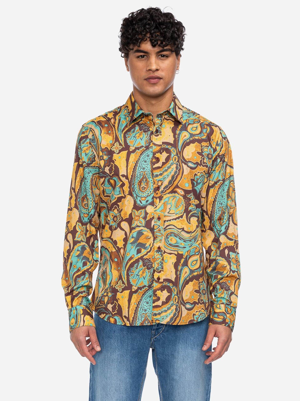 ATO Berlin | Soepel overhemd Tamuza met geel turquoise paisley patroon, biokatoen