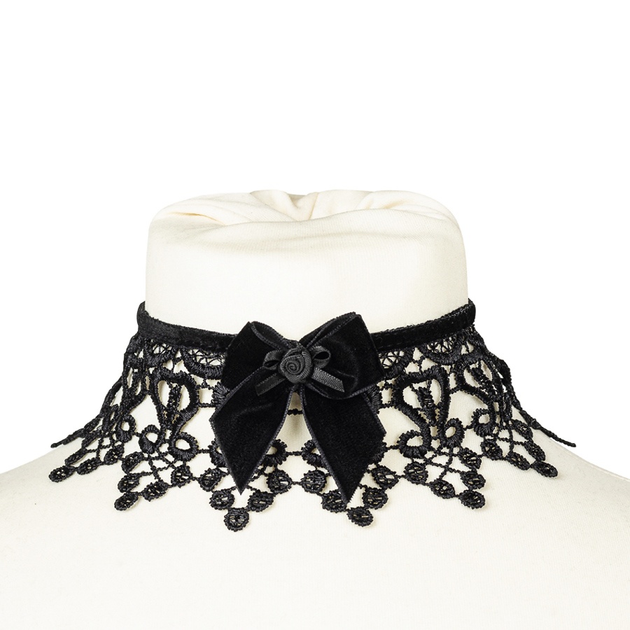 Sinister | Gothic choker Acantha, open zwart kant met fluweel strik en roosje Sinister | Gothic choker Acantha, open zwart kant met fluweel strik en roosje