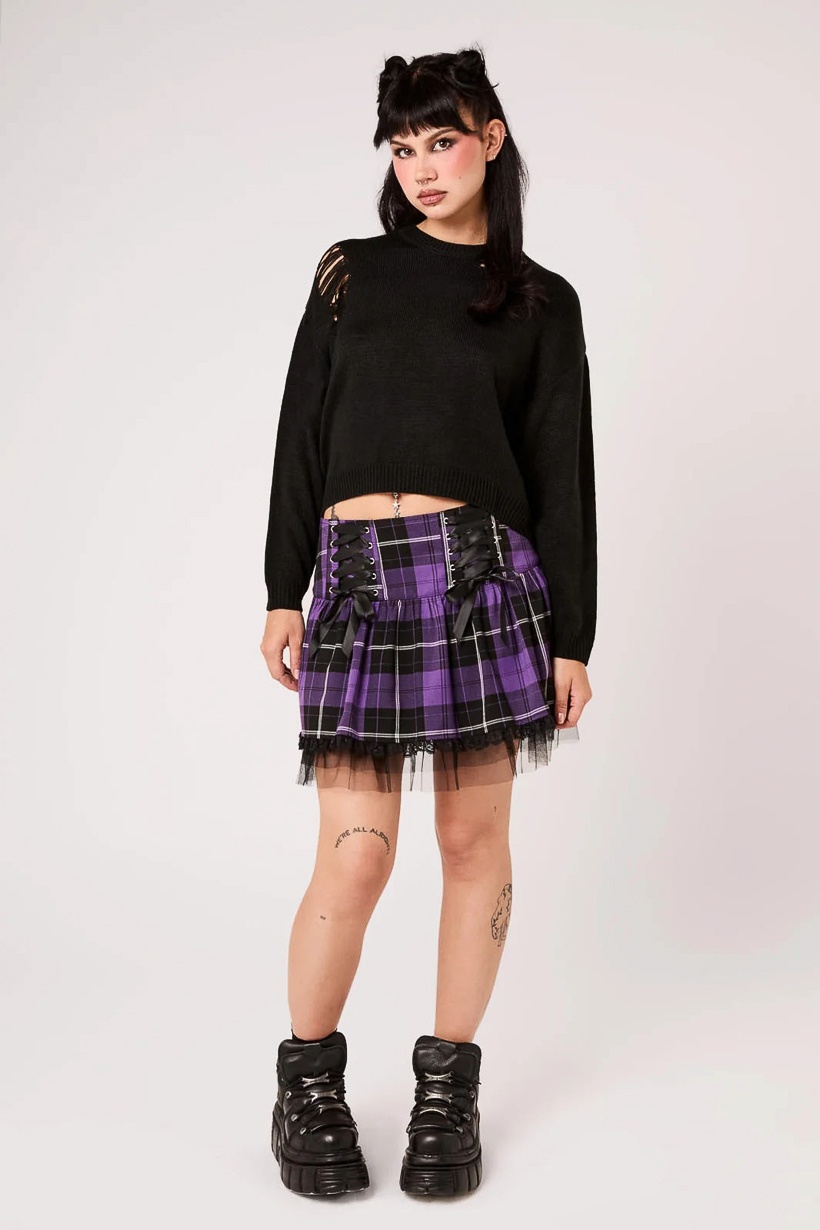 Hell Bunny | Punkyrok, Quinzel van zwart paarse tartan met veterdetails