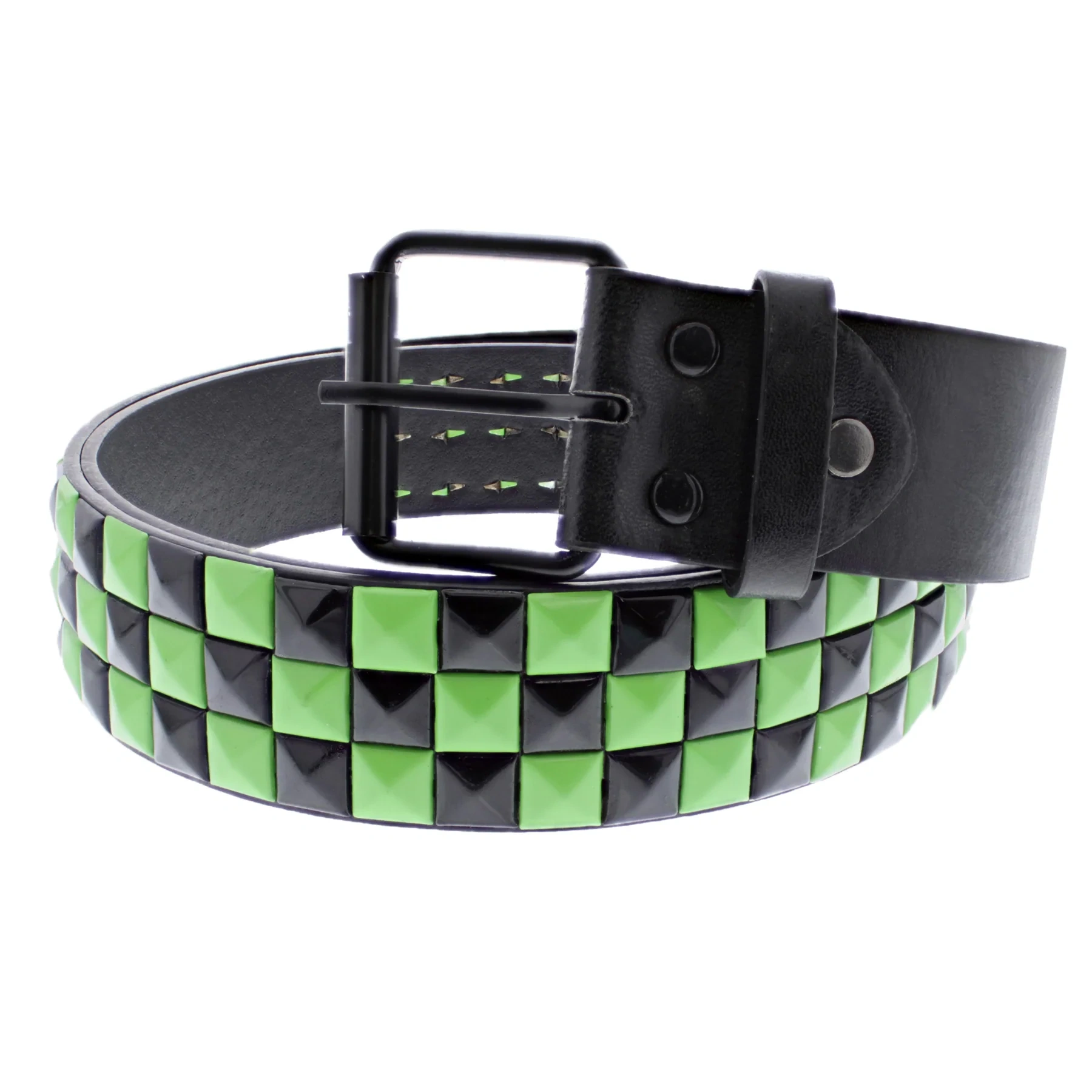 Zacharia | Riem van PU met 3 rijen zwart neon-groene piramides studs Zacharia | Riem van PU met 3 rijen zwart neon-groene piramides studs