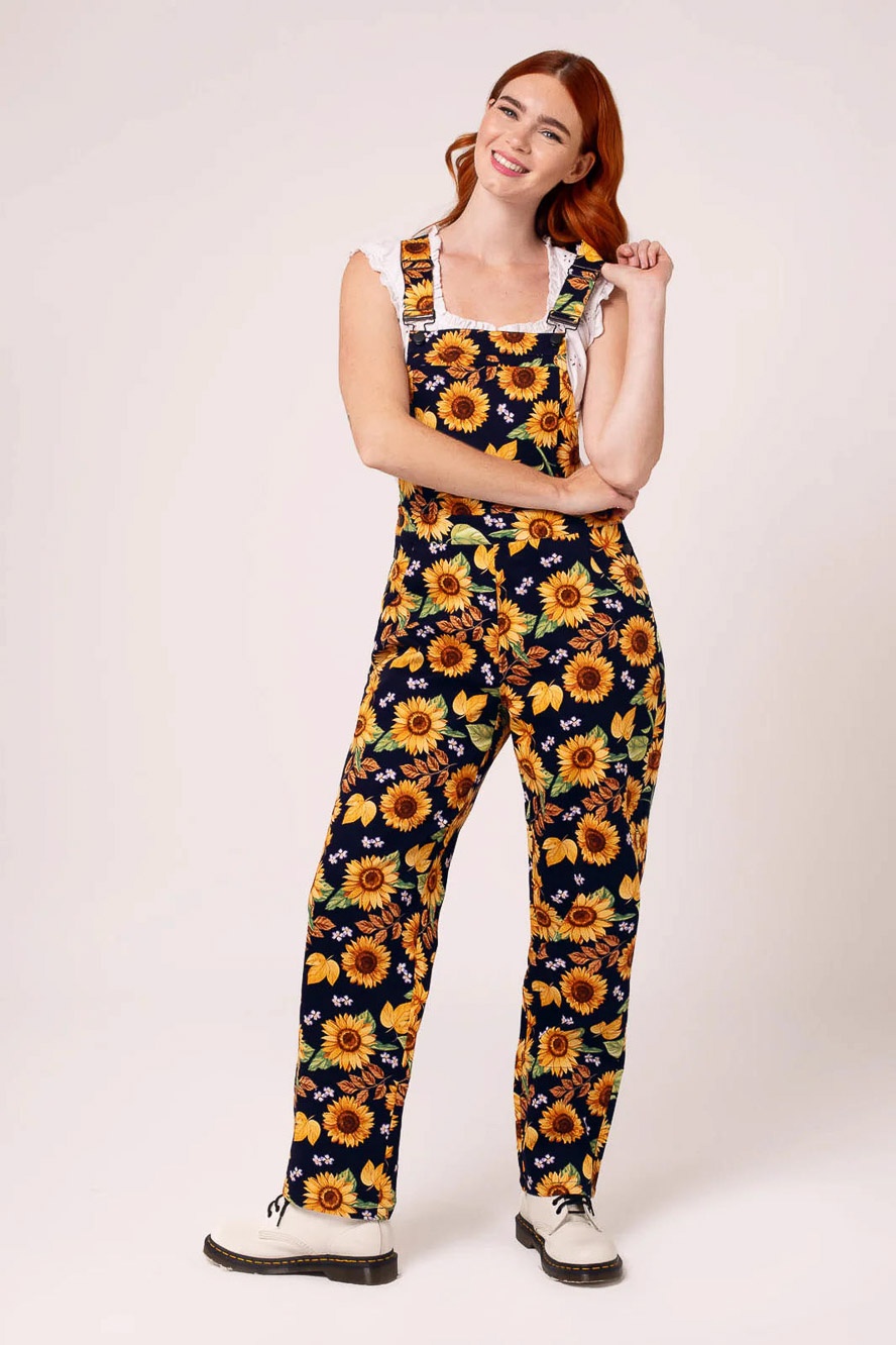 Hell Bunny | Ruimvallende Dungarees Sunflower met zonnebloemen print