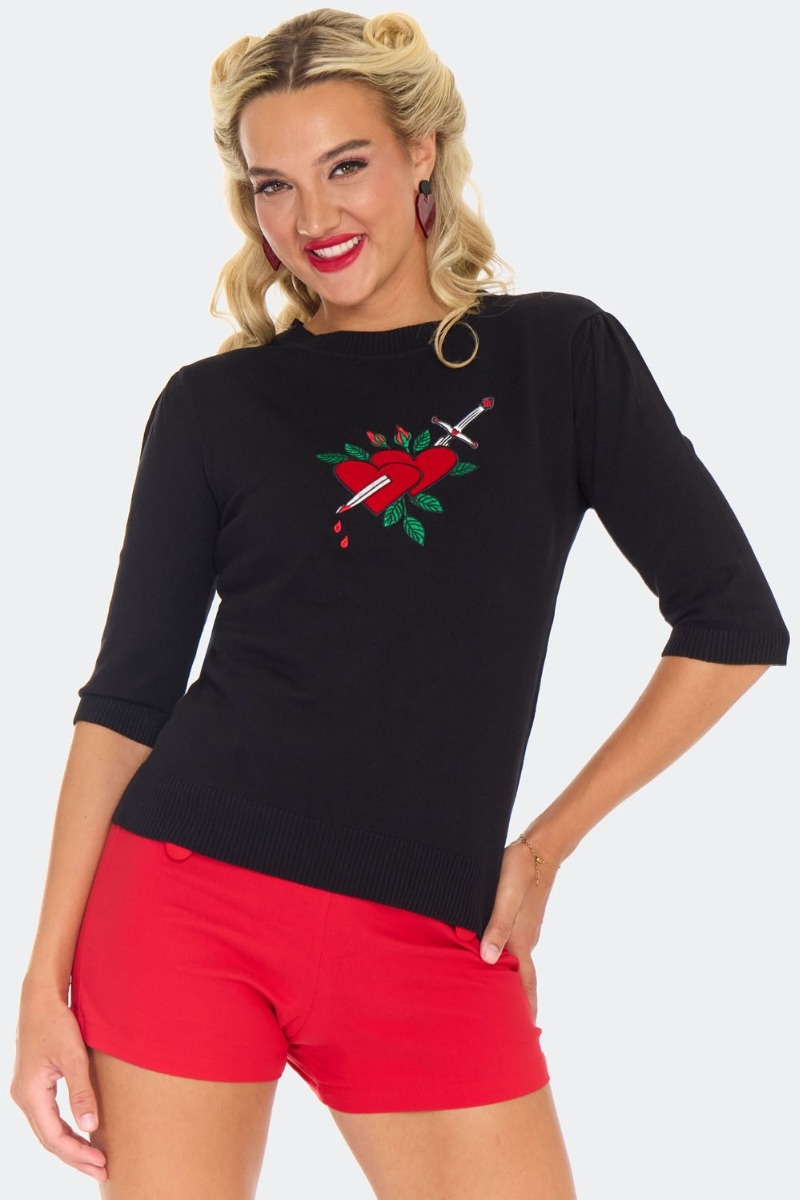 Voodoo Vixen | Zwarte jaren '50 truitje met 3/4 mouwtjes, Heart & Dagger borduursel
