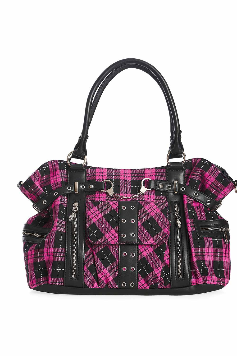 Banned | Lolita punk schoudertas Rise Up van roze tartan met rits details