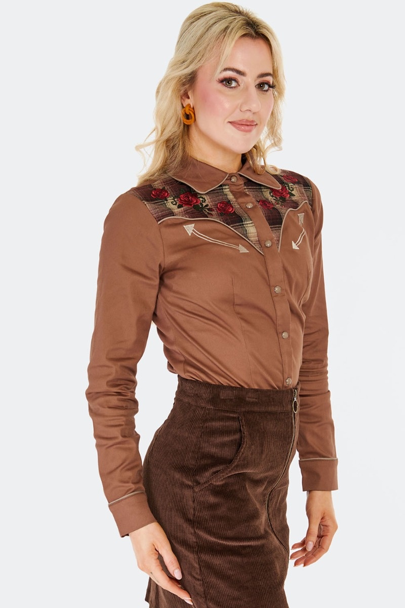 Voodoo Vixen | Bruine Western style blouse met geruit borstpanel met rozen borduursel