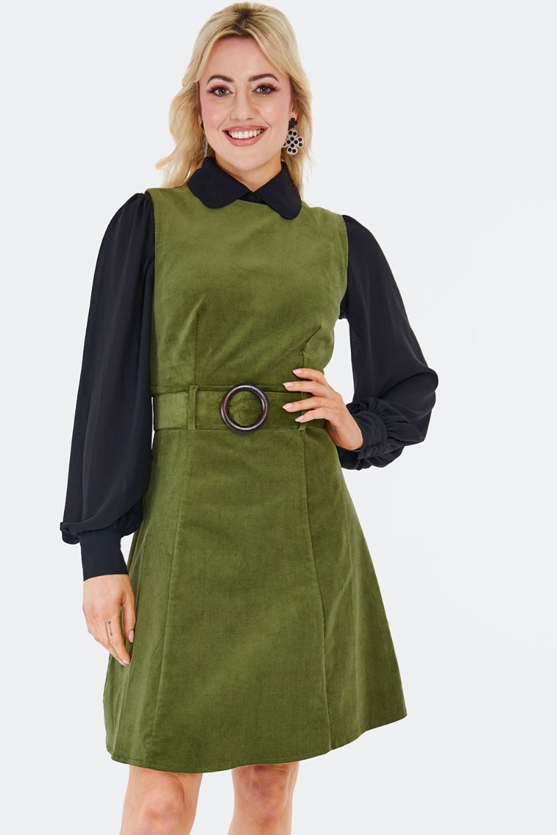Voodoo Vixen | Groene ribcord jaren '60 A-lijn jurk met taille-riem