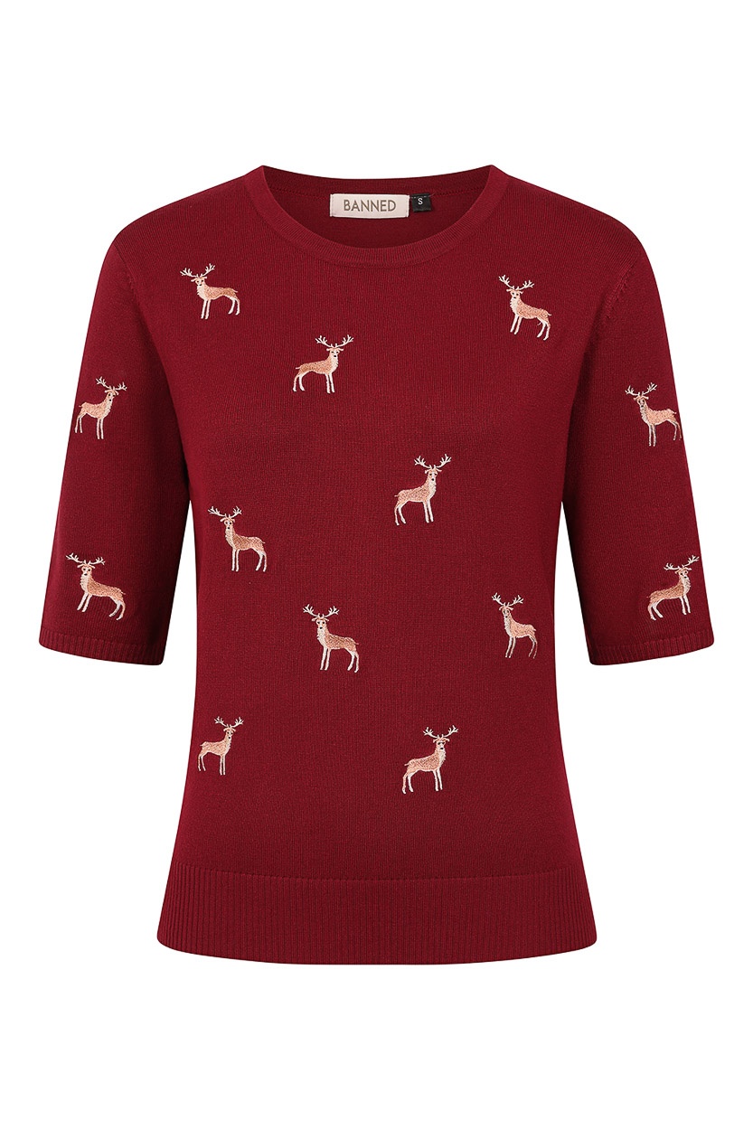 Banned | Bordeaux-rood truitje met 3/4 mouw en Ruby sweet deer borduursels