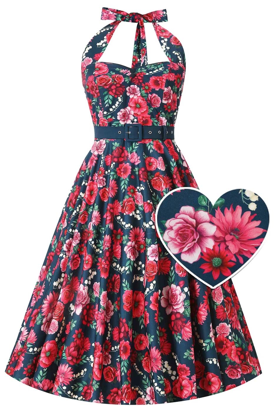 Dolly and Dotty | Daisy Pink Floral vintage halterswing jurk met roze bloemen print Dolly and Dotty | Daisy Pink Floral vintage halterswing jurk met roze bloemen print
