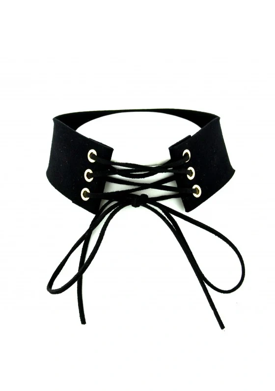 Zacharia | Choker van zwart suede met korset detail met strik-veter Zacharia | Choker van zwart suede met korset detail met strik-veter