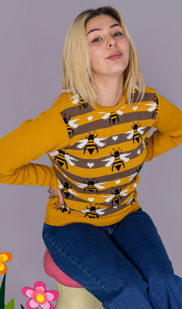 Run & Fly | Trui geel met strepen en bijen patroon