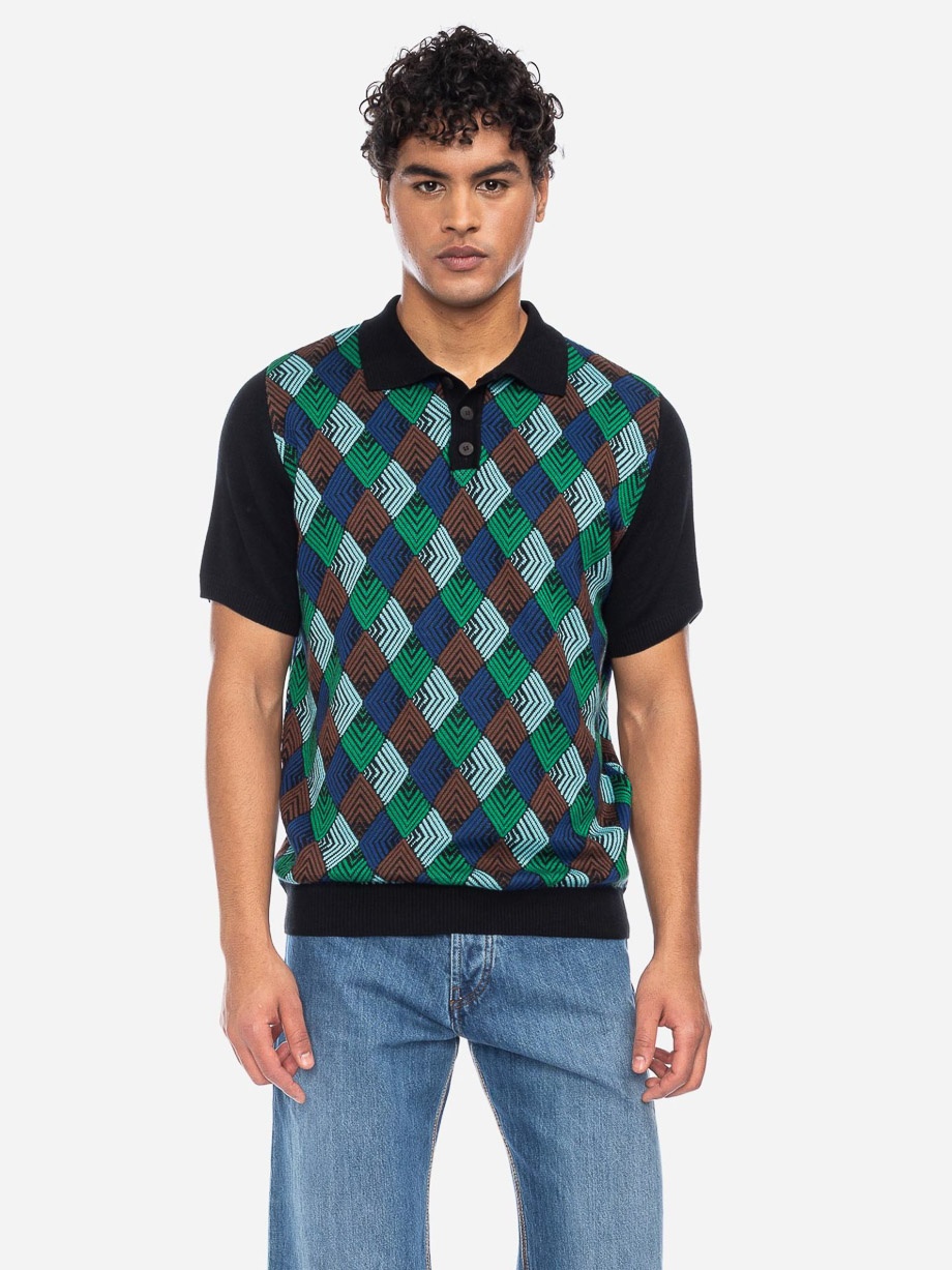 ATO Berlin | Polo Giorge, blauw, groen, bruin, zwart grafisch retro patroon, biokatoen