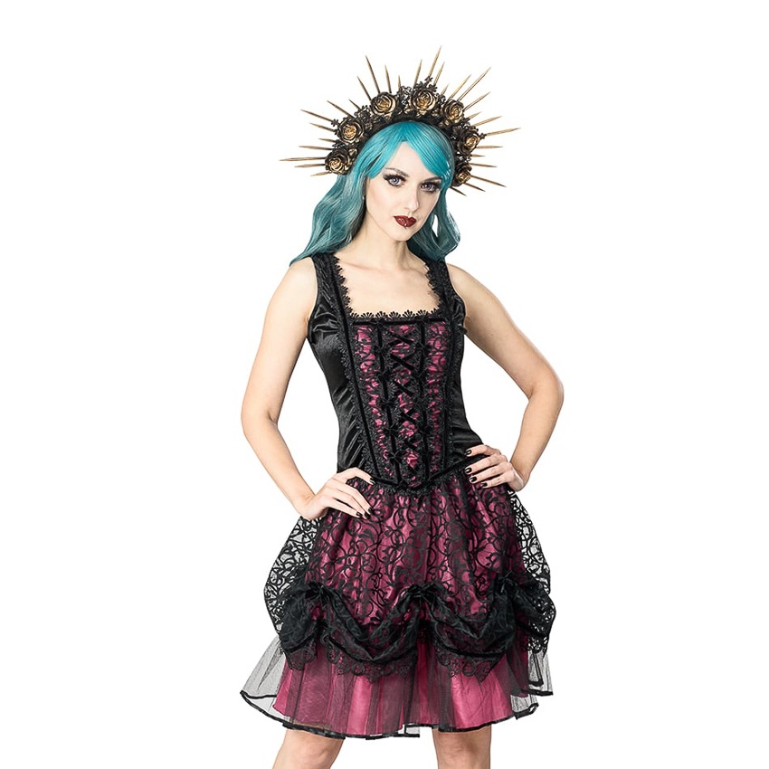 Sinister | Gothic Lolita mini-jurk Kira, zwart roze satijn