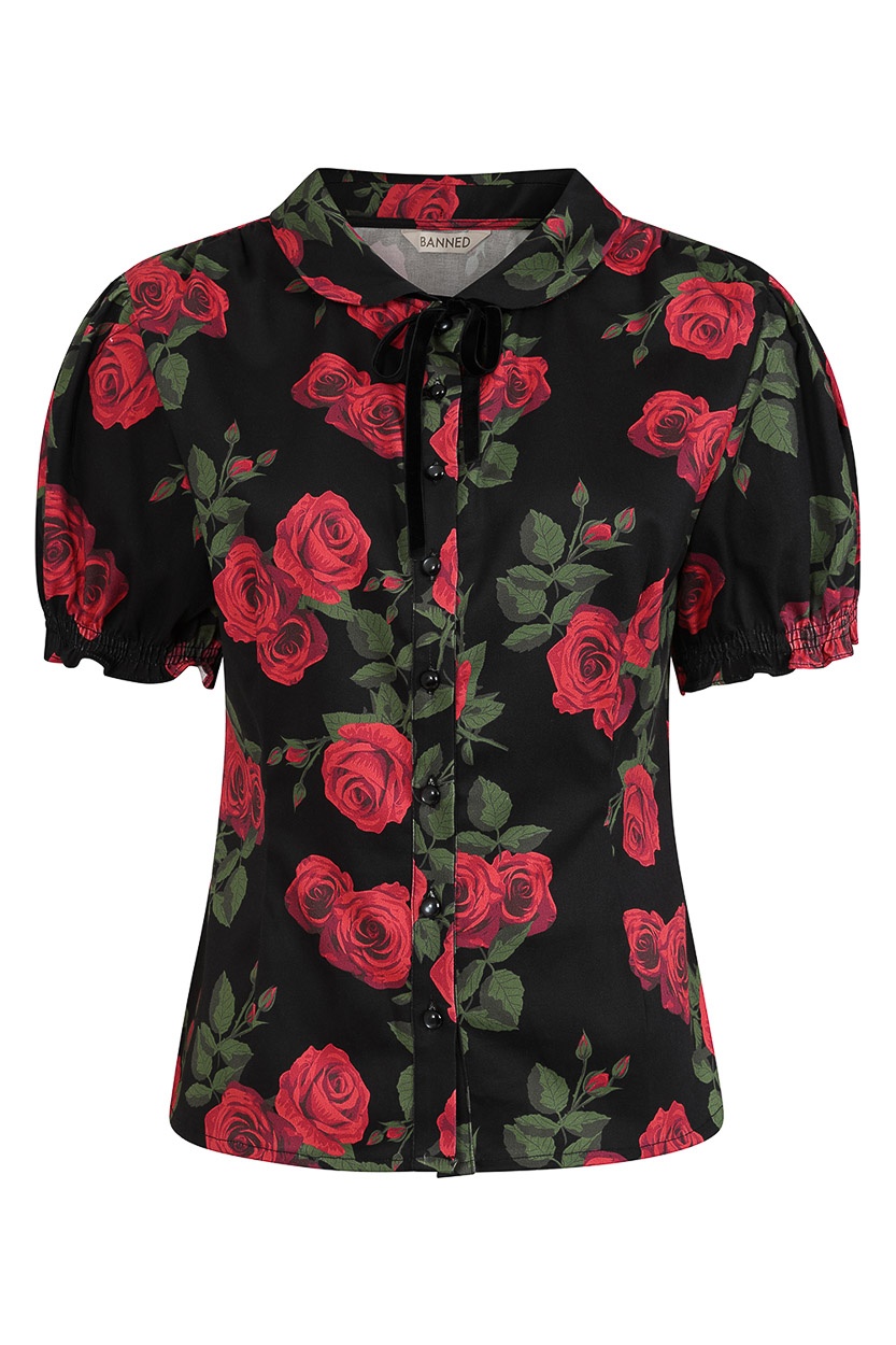Banned | Vintage blouse Lilly met pof mouwen en romantische rozen