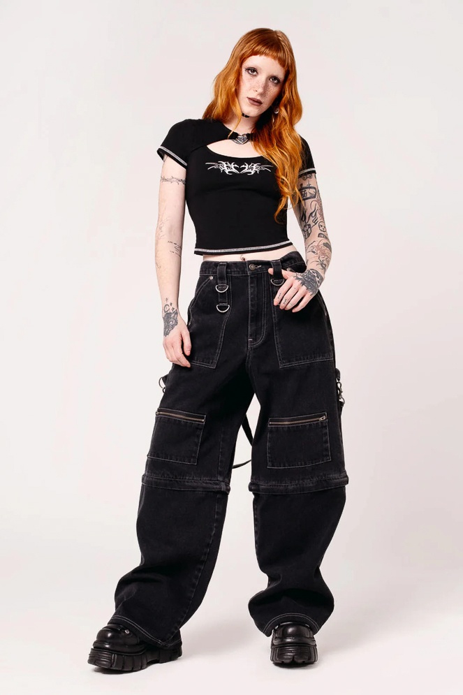 Hell Bunny | Zwarte washed skater jeans Sid X, met D-ringen en ruime zakken