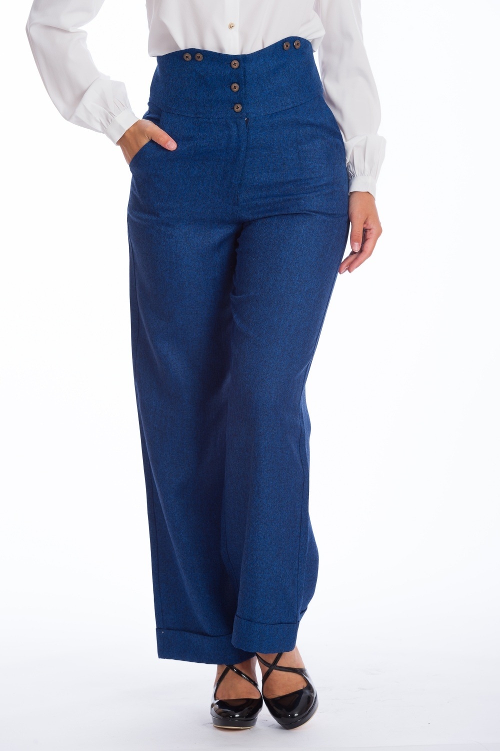 Banned | Blauwe tweed pantalon met hoge taille, Sassy