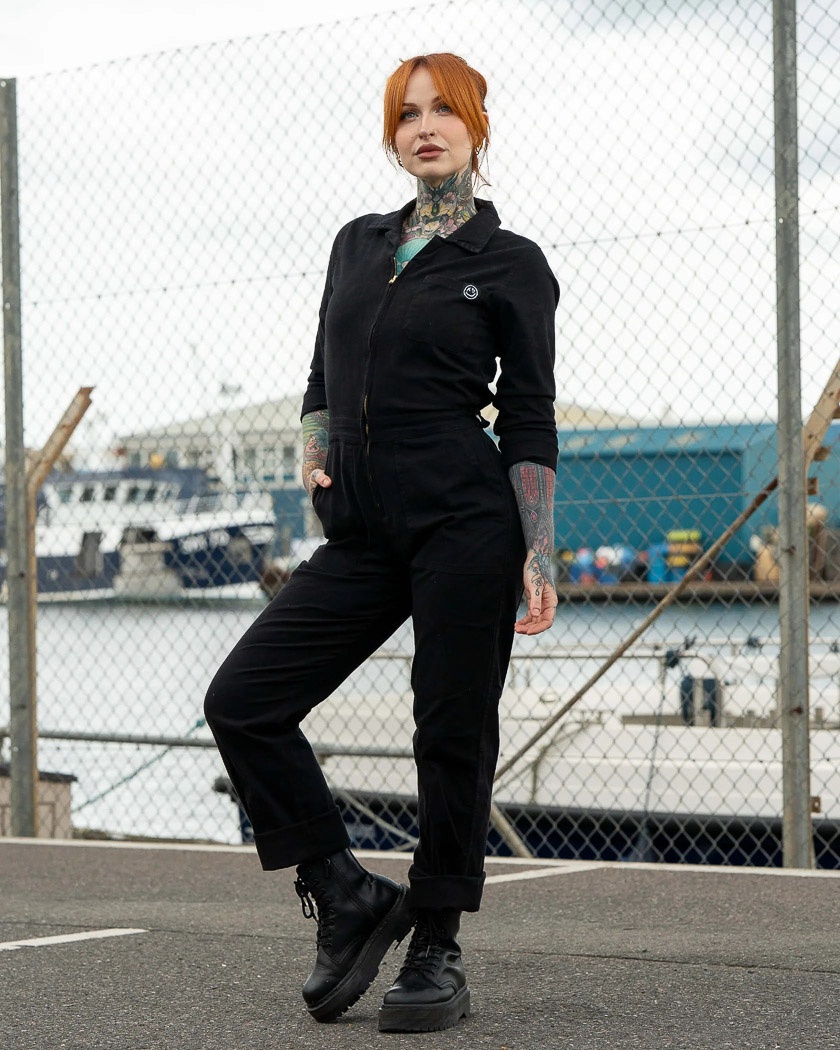 Rebel Romance | Boilersuit, zwarte overall van stretch katoen met zakken