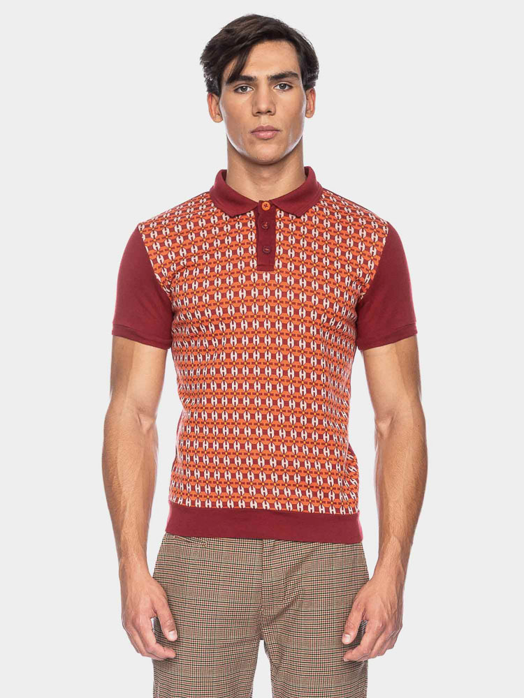 ATO Berlin | Polo Enzio bio katoen met oranje en bordeaux jacquard patroon
