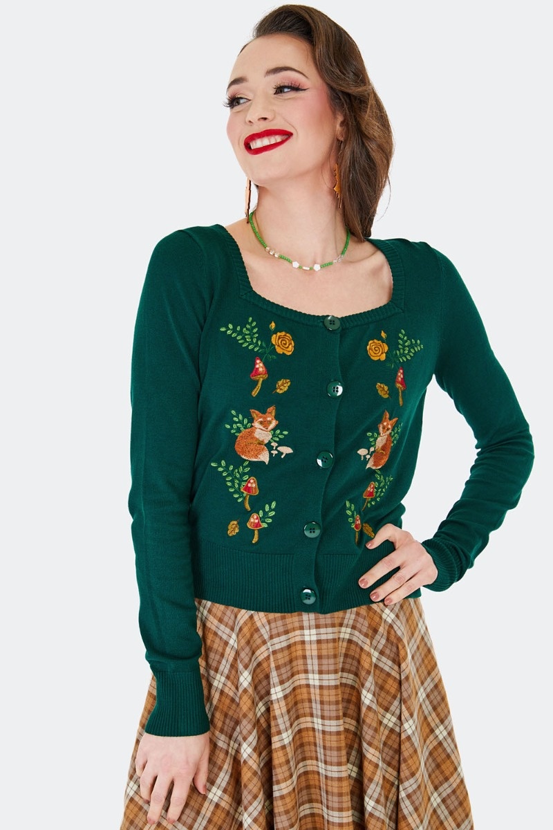 Voodoo Vixen | Groene cardigan met vosjes en paddenstoeltjes borduursel 