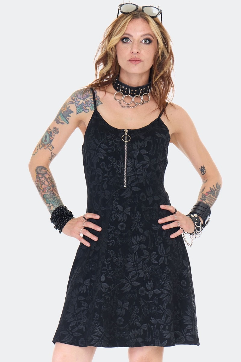 Jawbreaker | Jaren 80 Mini punk-jurk Magic garden cat print, met metalen rits