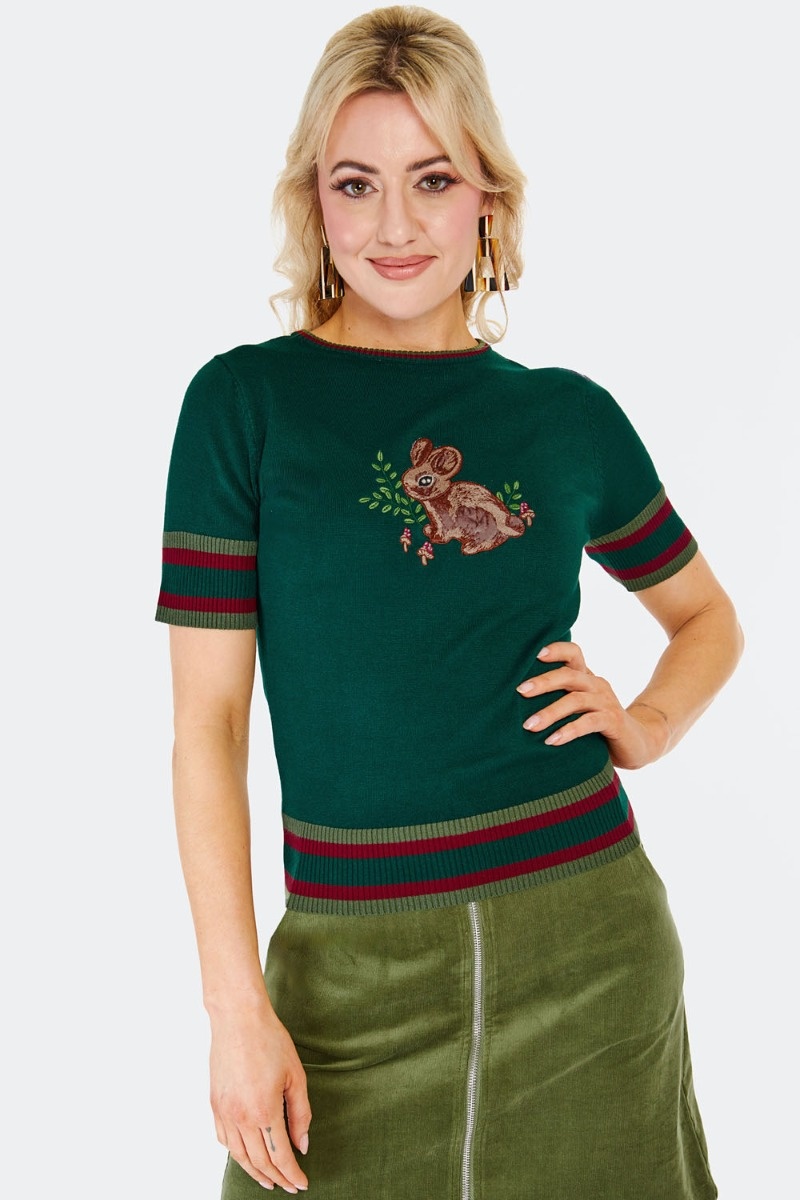 Voodoo Vixen | Groen jaren '70 truitje met korte mouwen met een konijn en paddenstoeltjes