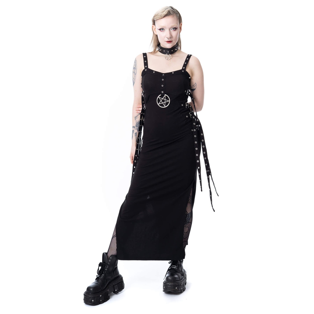 Heartless | Lange jurk Midnight Lament met Pentagram en straps met metalen oogjes