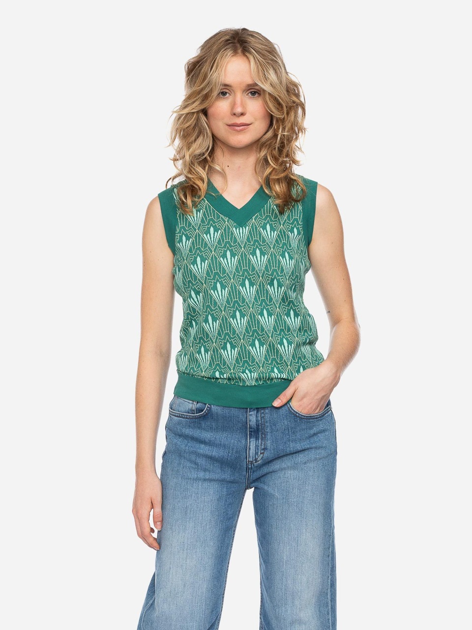 ATO Berlin | Dames spencer Amba, lichtgroen grafisch retro patroon