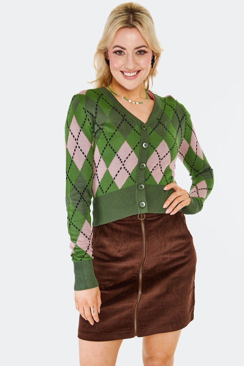 Voodoo Vixen | Groene roze gebreide cardigan met V-hals en Argyle ruit patroon