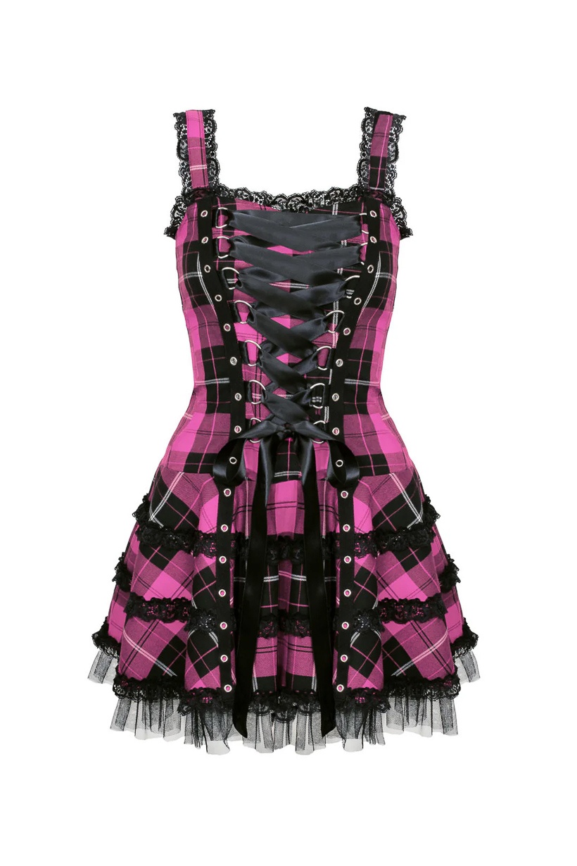 Hell Bunny | Punkjurkje Harley van zwart roze tartan met corsetlint