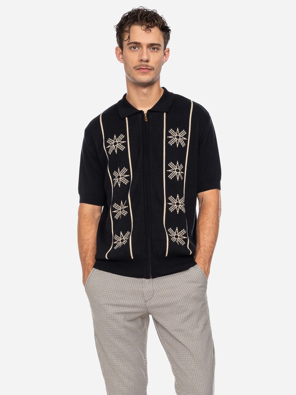 ATO Berlin | Polo Kishar, bio katoen, zwart creme rockabilly patroon 