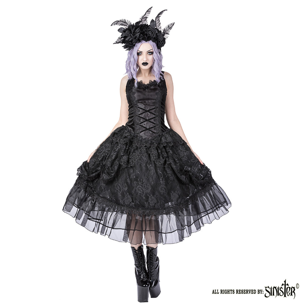 Sinister | Knielange Petticoat rok , met zwart kant, tule satijn-rozen Sinister | Knielange Petticoat rok , met zwart kant, tule satijn-rozen