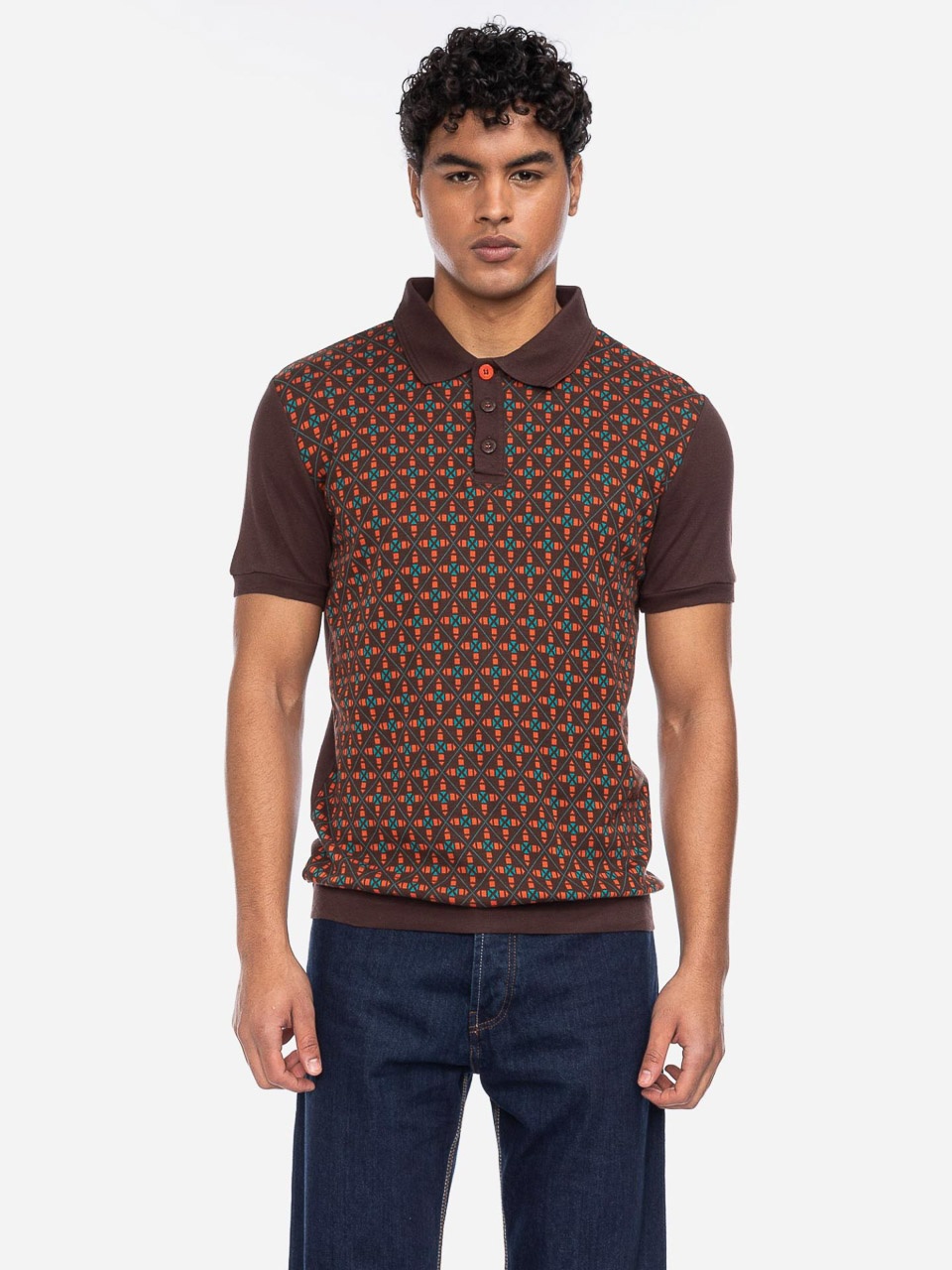 ATO Berlin | Polo Enzio bio katoen met bruin turquoise retro patroon