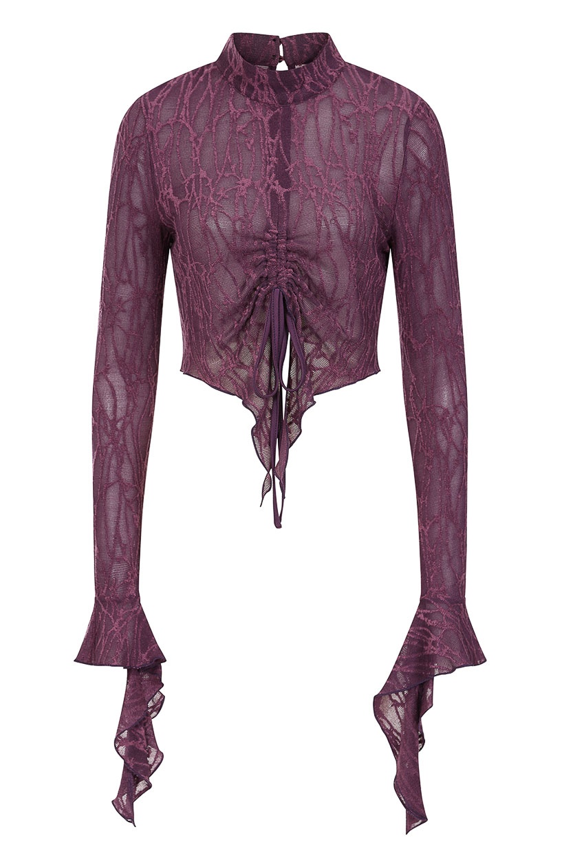 Banned | Gothic aubergine spinnenweb top, Abyssia met lange punten aan de mouw