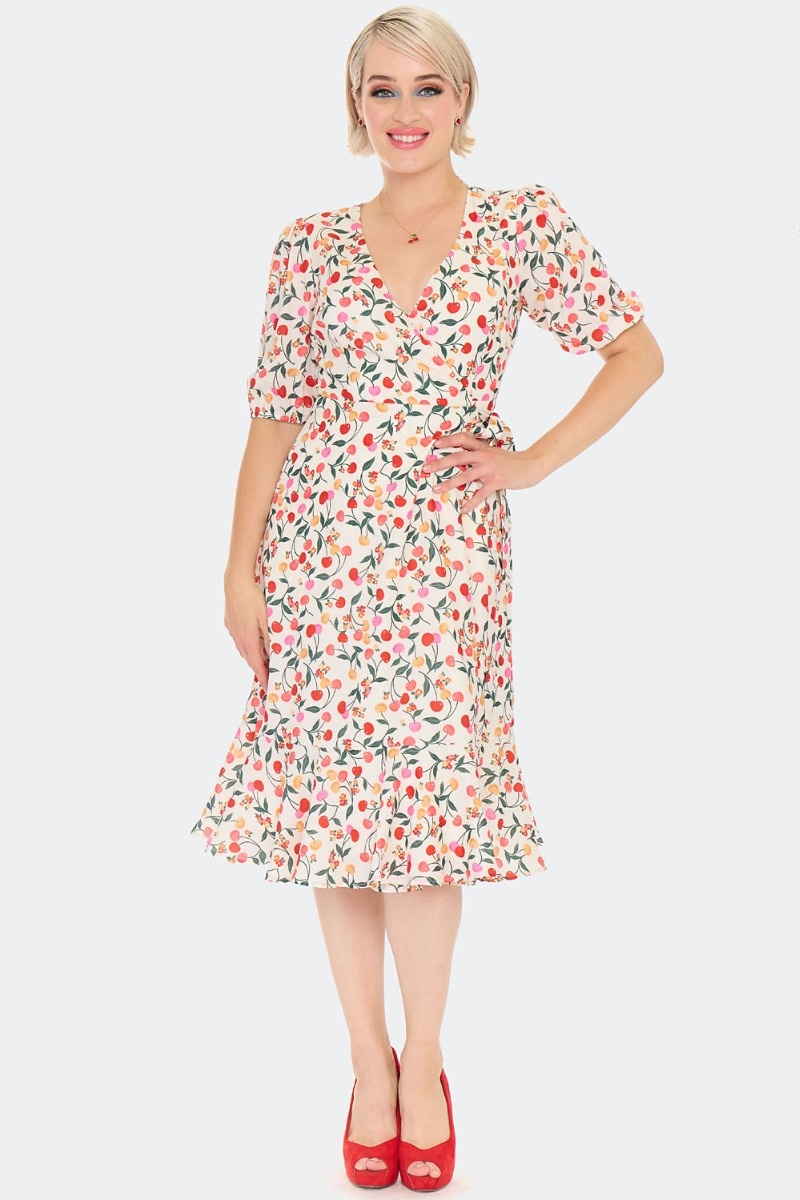 Voodoo Vixen | Vintage stijl, floral cherry print wikkel jurk