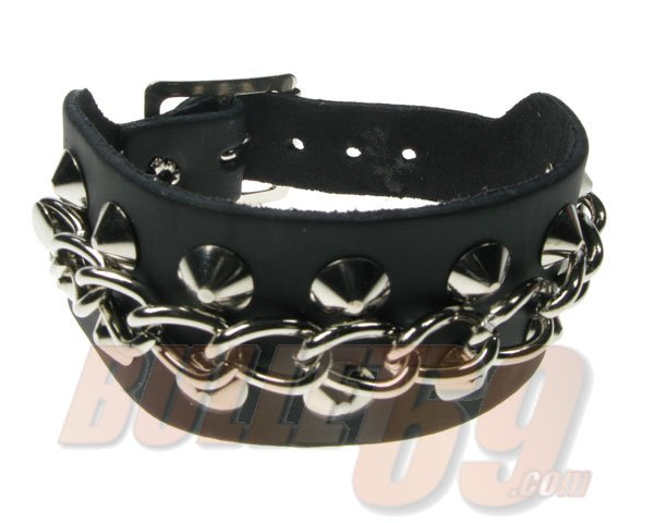 Bullet69 | Brede leren armband zwart metaalkleur studs en chain