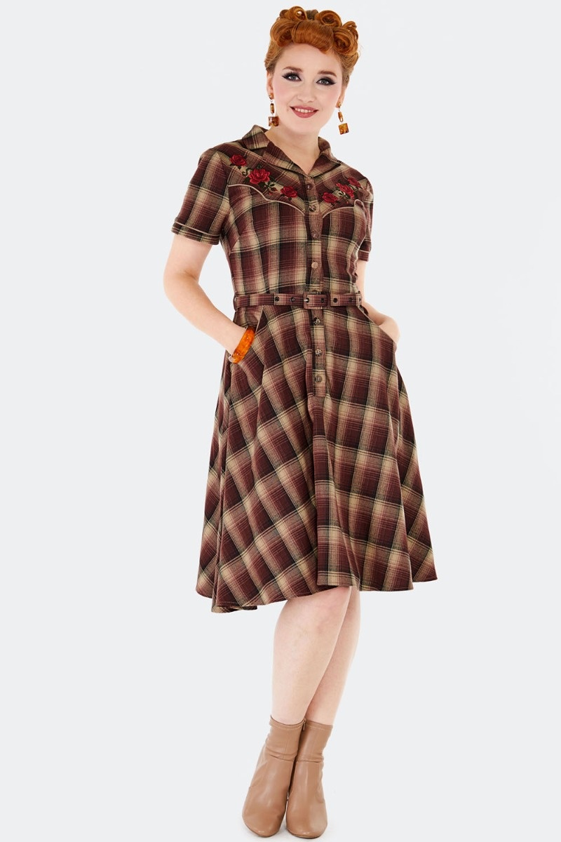 Voodoo Vixen | Bruin geruite Western jurk in jaren '70 Retro stijl met rozen borduursels