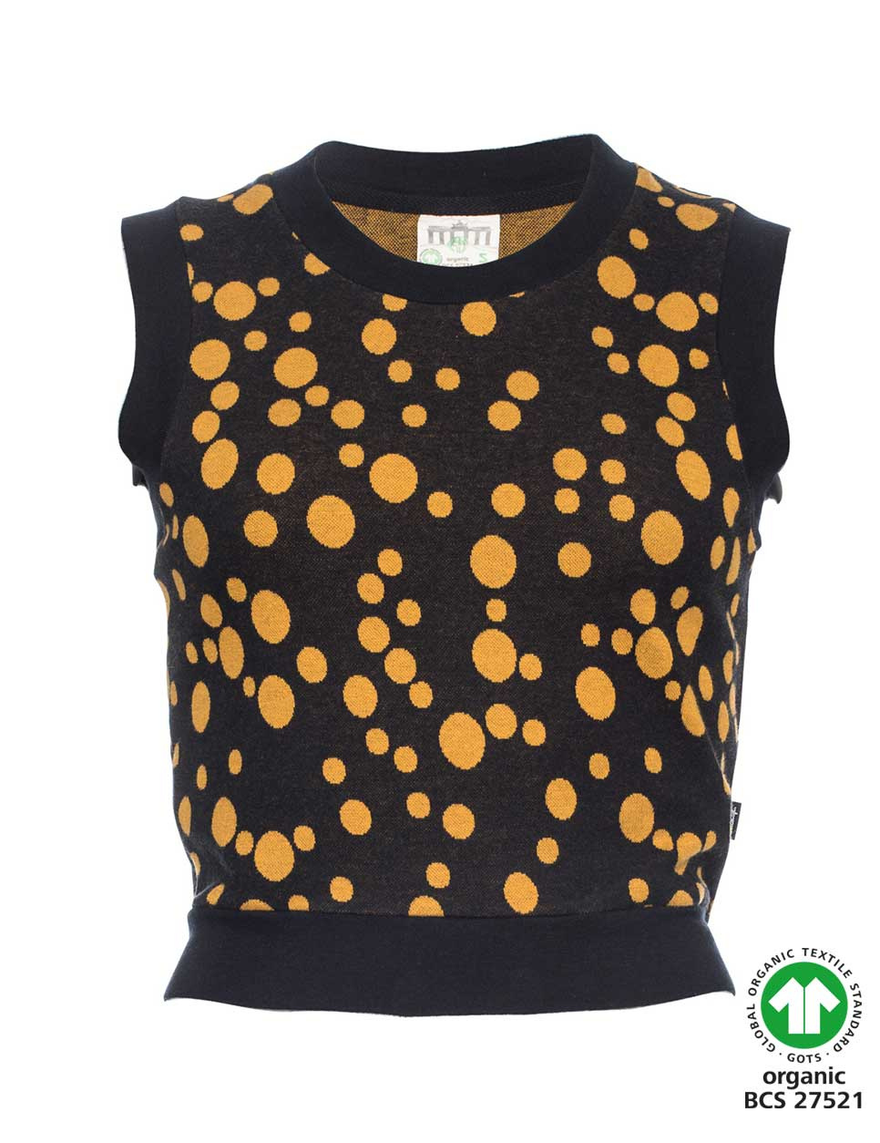 Spencer Fata, zwart met gele retro stippen patroon Spencer Fata, zwart met gele retro stippen patroon