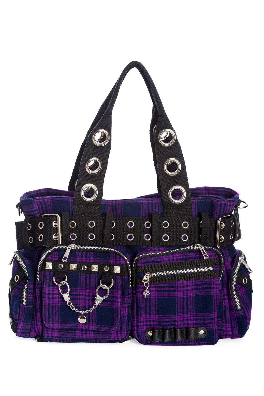 Banned | Handtas Camdyn van paarse tartan met Gothic & Punk details Banned | Handtas Camdyn van paarse tartan met Gothic & Punk details