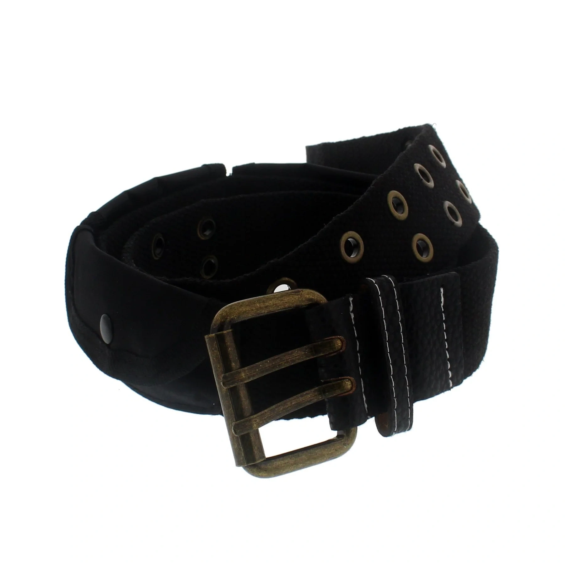 Zacharia | Zwarte canvas riem met 3 kleine zakjes en 2 rijen oogjes