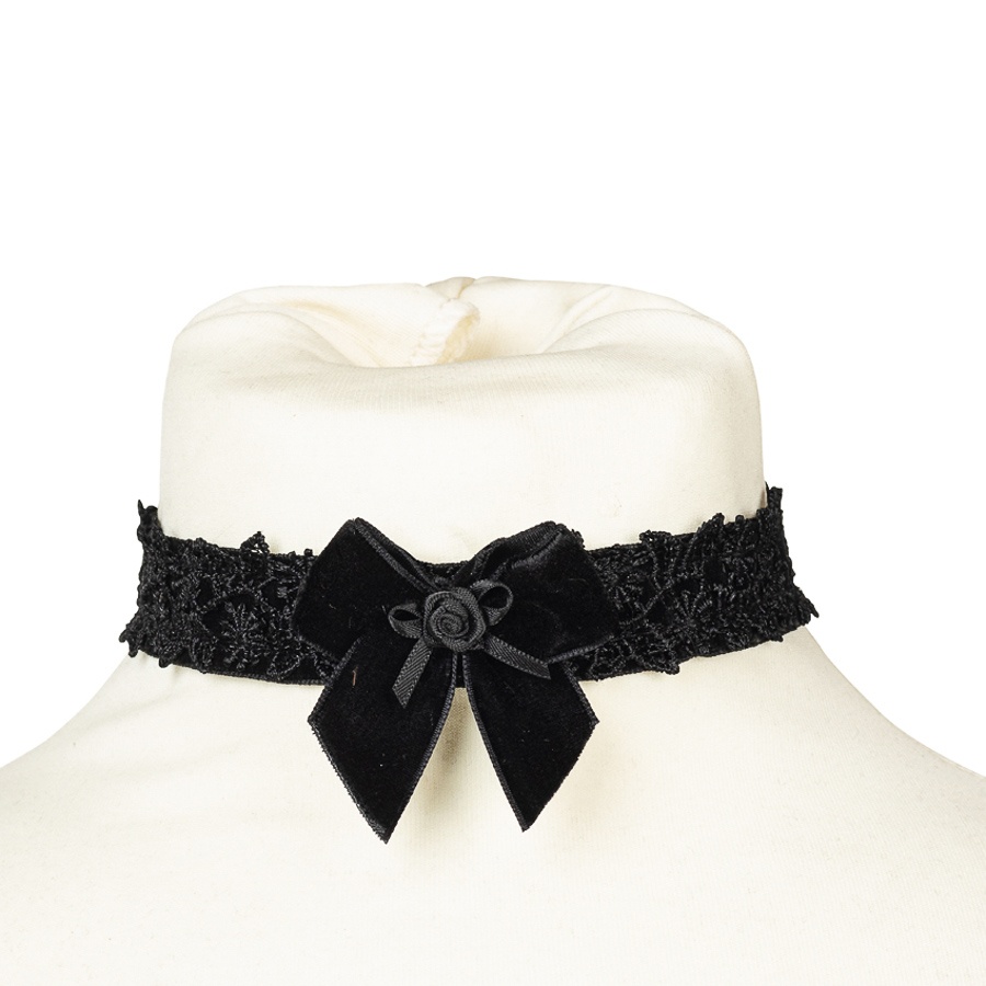 Sinister | Gothic choker Vesper, zwart fluweel lint met strikjes en roosjes Sinister | Gothic choker Vesper, zwart fluweel lint met strikjes en roosjes
