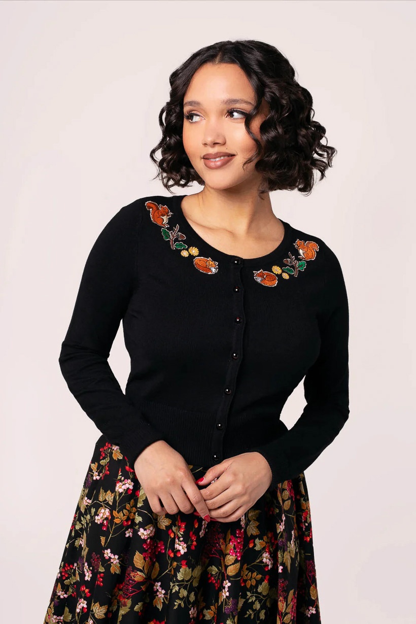 Hell Bunny | Cardigan Chester met vosjes, eekhoorn en herfst borduursels