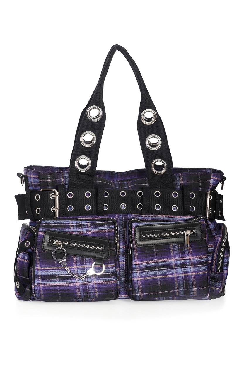 Banned | Handtas Camdyn van paarse tartan met Gothic & Punk details Banned | Handtas Camdyn van paarse tartan met Gothic & Punk details
