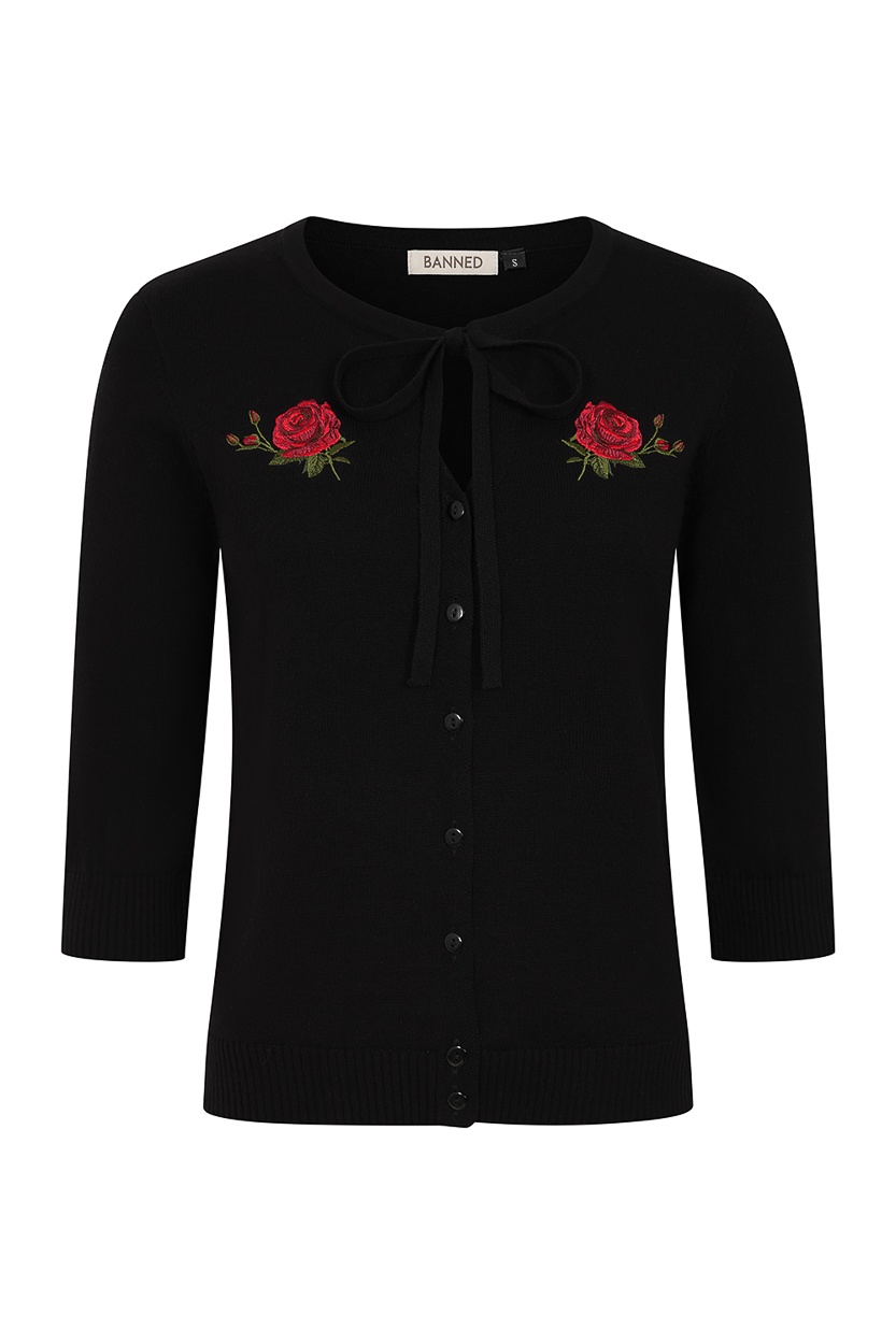 Banned | Cardigan Mia, zwart met een borduursel van rode rozen