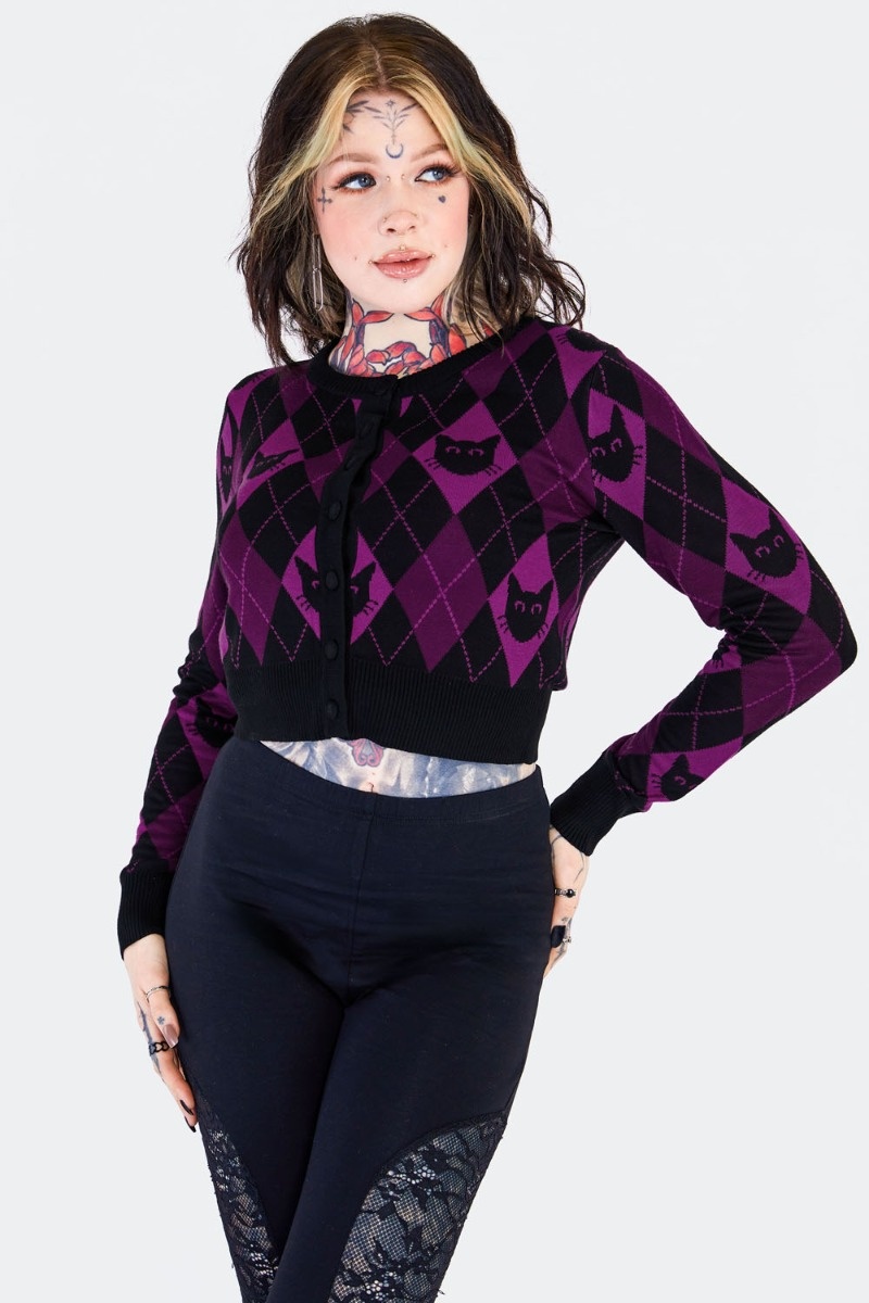 Jawbreaker | Cardigan Argyle Cat met paarse ruit en kattensnoetjes