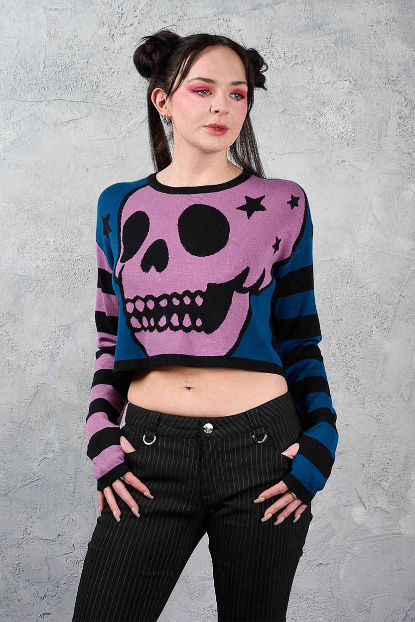 Banned | Voidstar Skull korte wijdvallende jumper, blauw met roze schedel