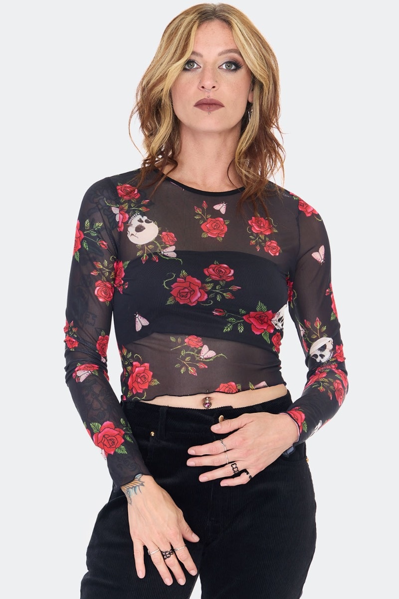 Jawbreaker | Zwarte skull & rose print mesh top met lange mouwen