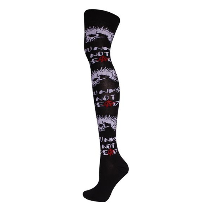 Macahel | Overknee sokken zwart met witte Punk Not Dead skulls Macahel | Overknee sokken zwart met witte Punk Not Dead skulls