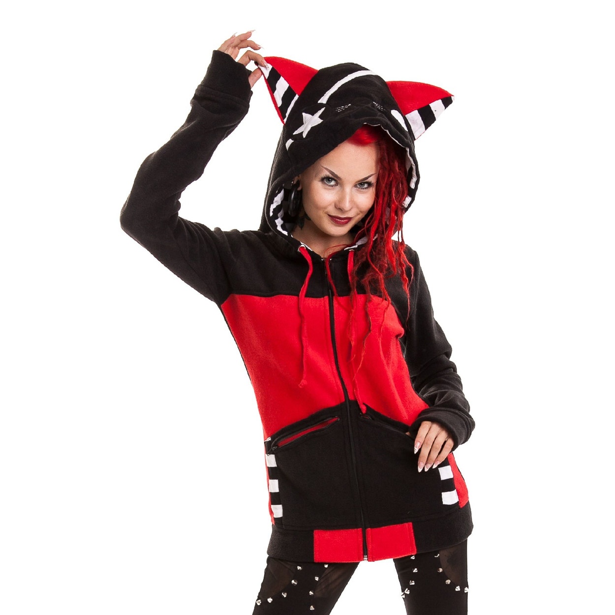 Bye Bye Kitty | Hoody met rits Star Kitty, rood met zwart witte katten oren Bye Bye Kitty | Hoody met rits Star Kitty, rood met zwart witte katten oren