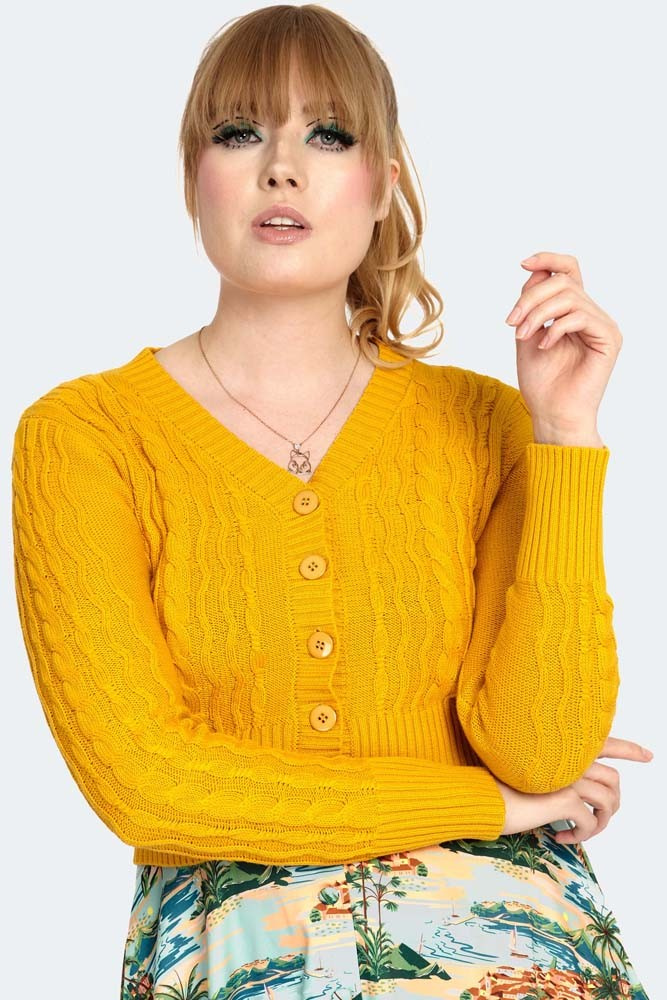 Voodoo Vixen | Jaren 40 Retro cardigan mosterdgeel kabel-breisel